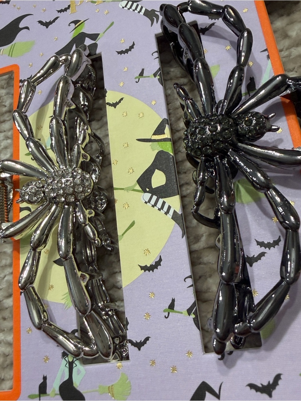 Rhinestone Halloween Spider Hair Clips- Gunmetal and Silver-NWT
